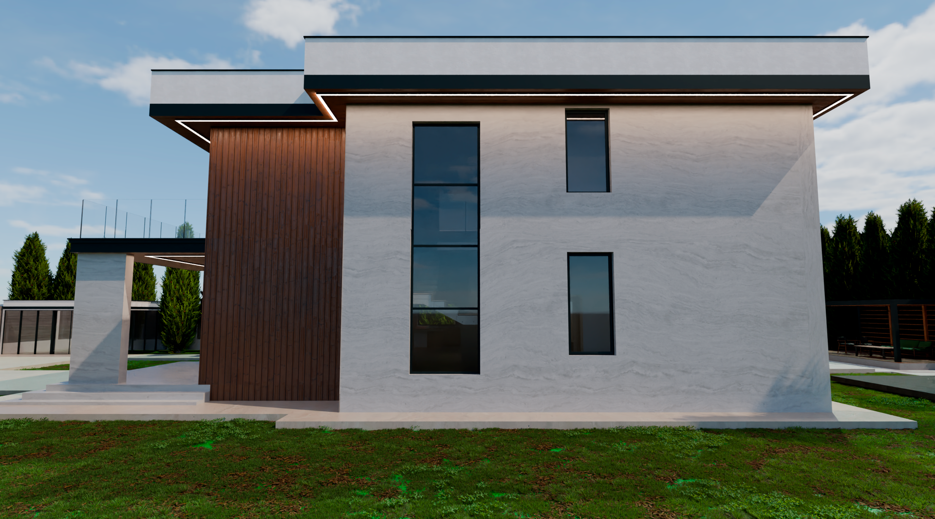 Схема планировки большого дома со спальнями, кухней-гостиной и санузлами