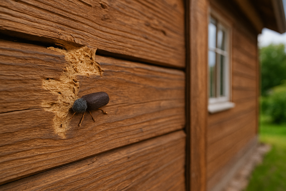 Жук на поврежденной стене дома