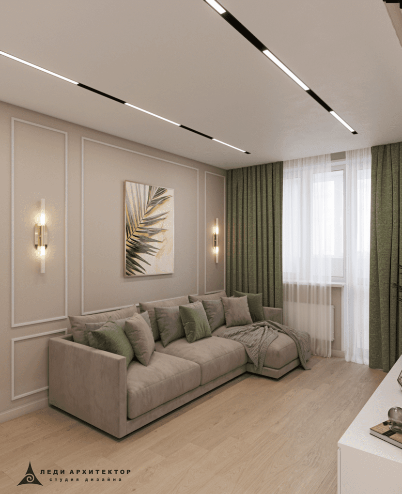 Дизайн гостиной в современном стиле в ЖК Залесный