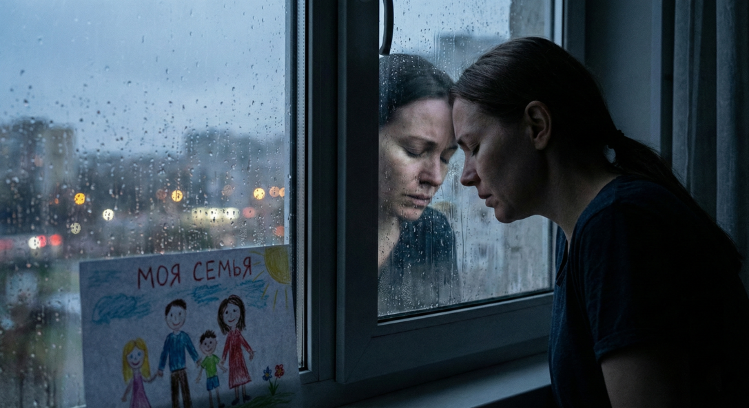 Женщина в отчаянии прислонилась к окну, рядом детский рисунок семьи — метафора боли матери в абьюзив