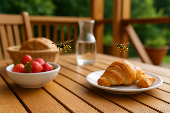Осы на веранде над столом с едой