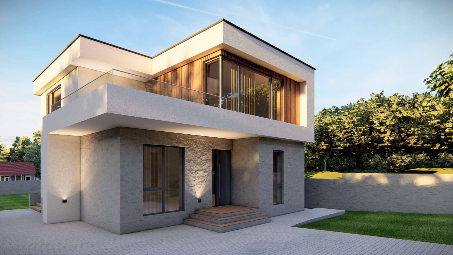 Визуализация большого дома с панорамным остеклением и кирпичной крышей