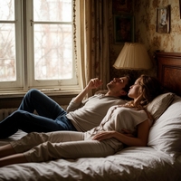 Мужчина и женщина лежат на кровате мечтают болтают и возбуждаются