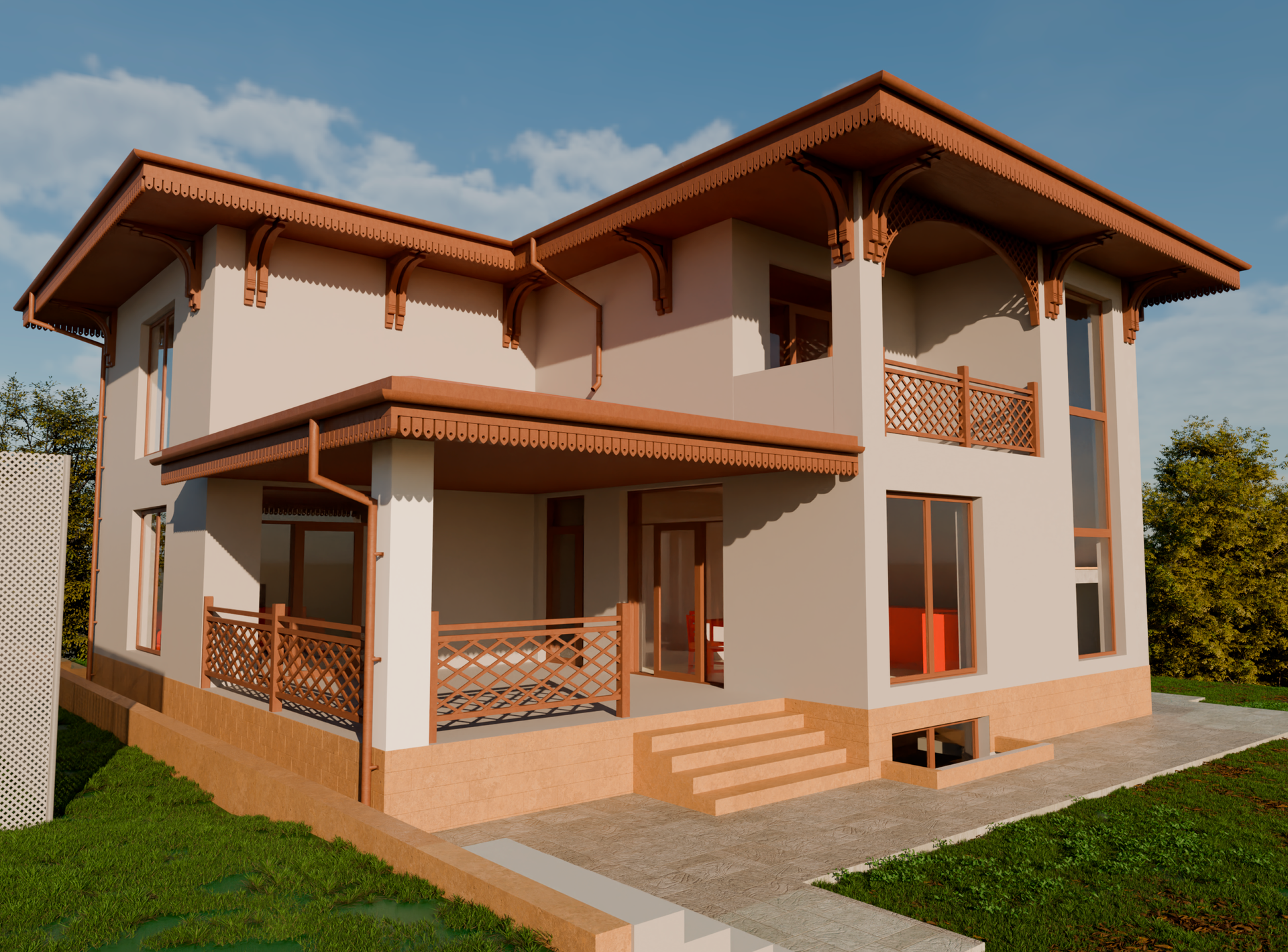 Визуализация большого дома с панорамным остеклением и кирпичной крышей