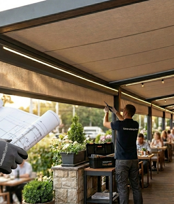 Профессиональный монтаж системы туманообразования Umbrella System на террасе ресторана.