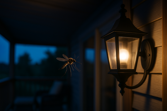 Комар летает возле фонаря