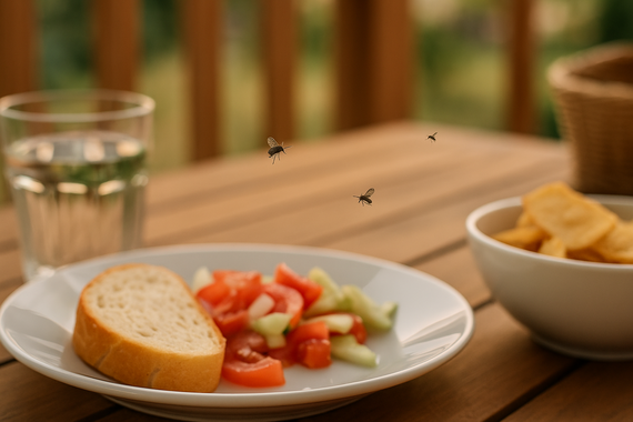 Мошки над столом с едой