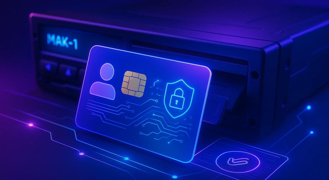 Карта водителя тахографа с СКЗИ на фоне тахографа