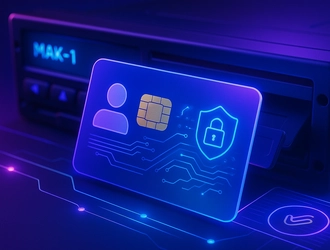 Карта водителя тахографа с СКЗИ на фоне тахографа