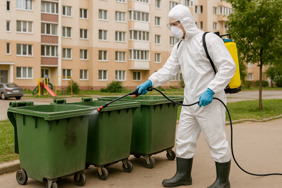 Дезинфекция мусорных контейнеров во дворе многоэтажки
