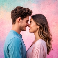 Мужчина и женщина прижимаются друг к другу на фото стены в пастельных тонах