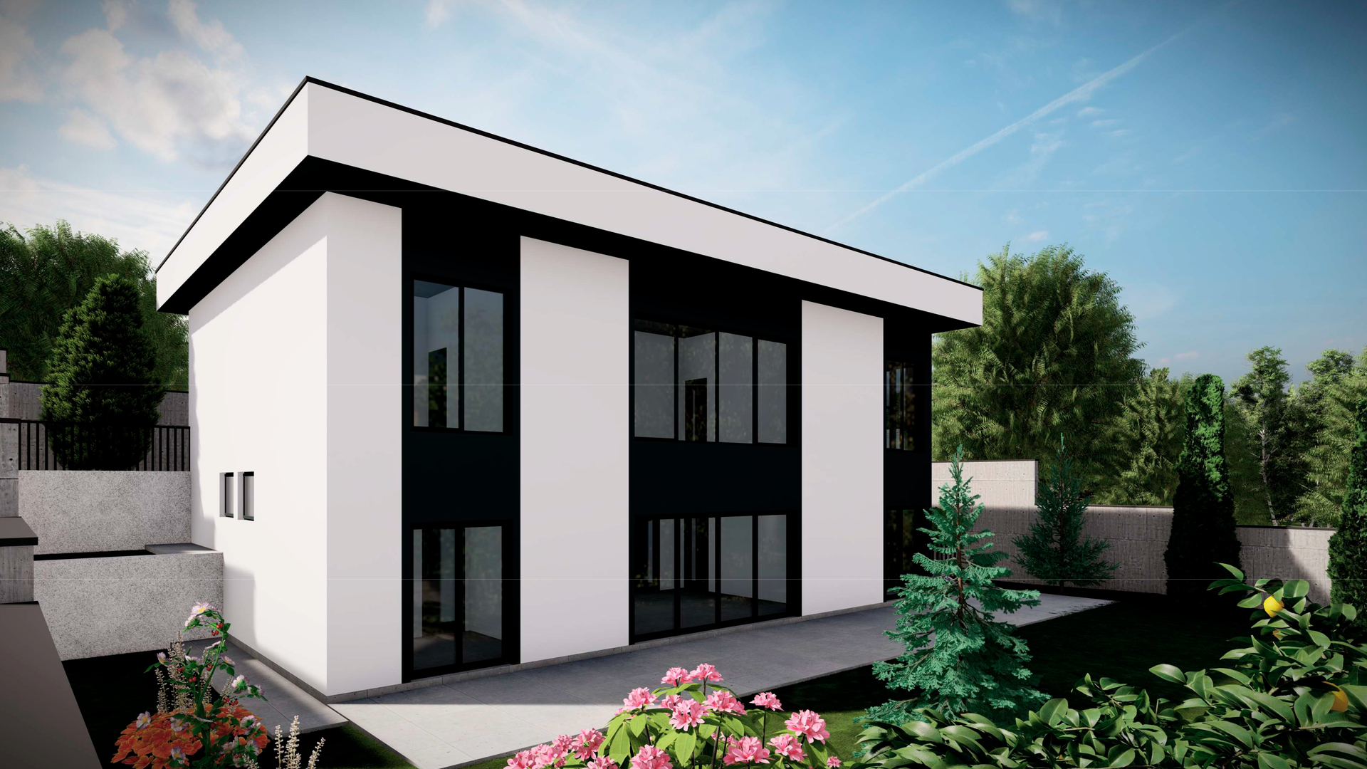 Визуализация большого дома с панорамным остеклением и кирпичной крышей