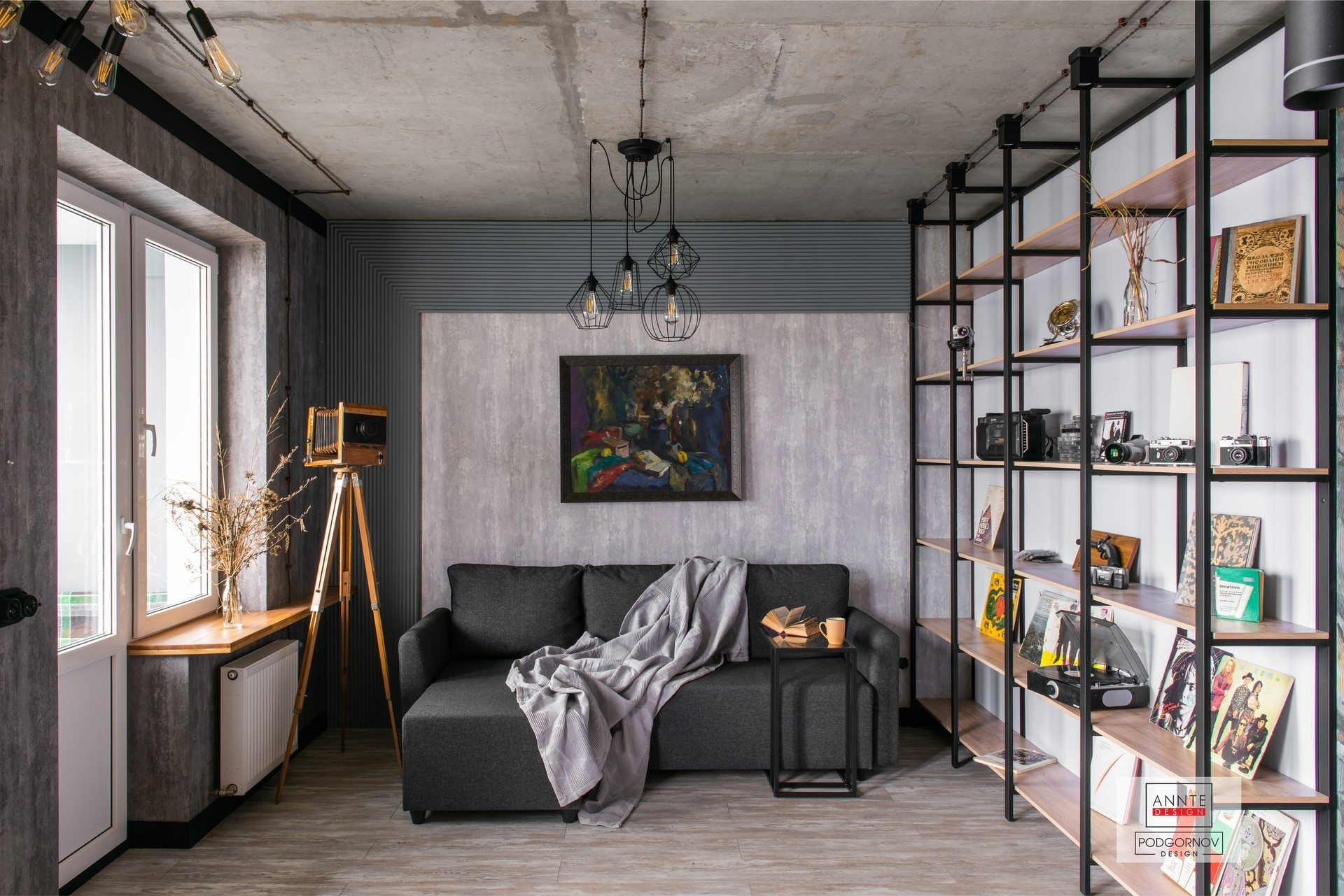 Гостиная в стиле Loft наполненная авторским декором и коллекцией старинных фотоаппаратов. 